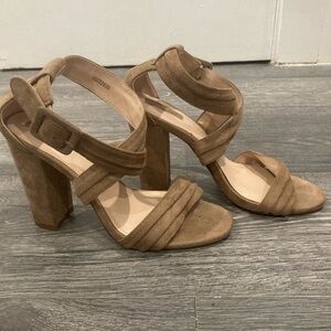 Tan Block Heel Sandals with Suede Straps
